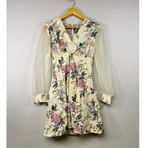 MAiNFRAME Vintage Floral Sheer Sleeve V Neck Mini Dress Size 7